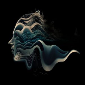 ein schematisches portrait eines menschen, bestehend aus blauen wellen. es steht für schritt 2 - flow